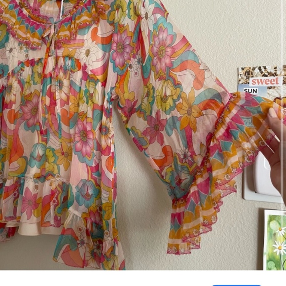 Johnny Was Floral Sheer Ruffle Blouse in Pink, Coral, Turquoise - Picture 16 of 16